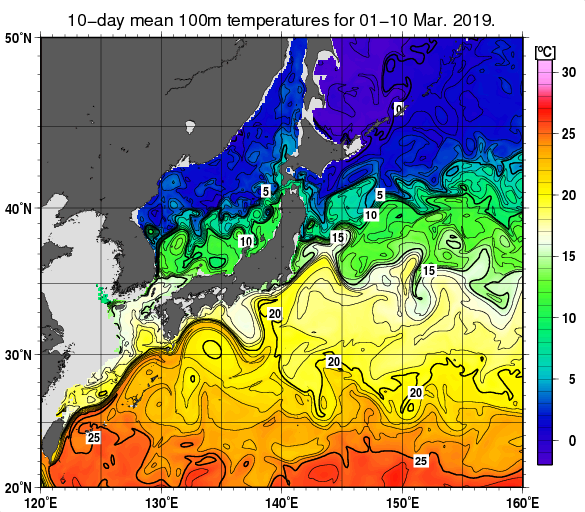 日本近海の深さ100mの旬平均水温分布図（2019年3月上旬）