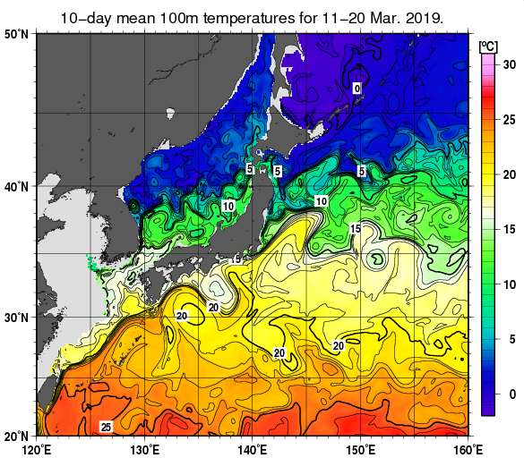 日本近海の深さ100mの旬平均水温分布図（2019年3月中旬）