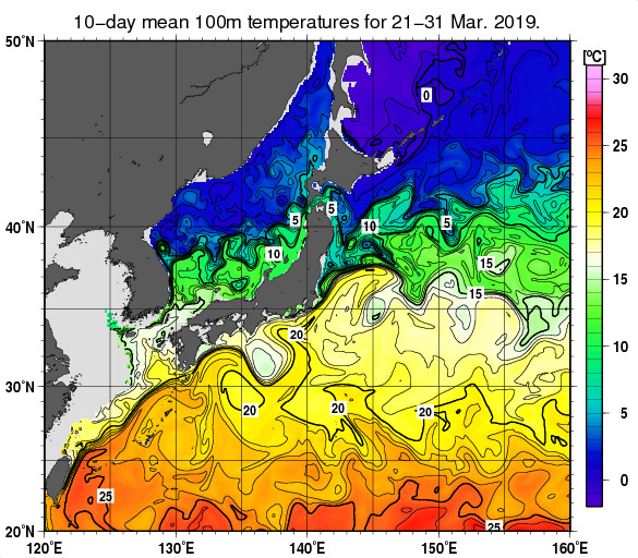 日本近海の深さ100mの旬平均水温分布図（2019年3月下旬）