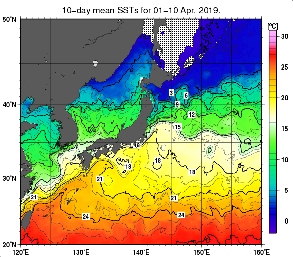 日本近海の旬平均海面水温分布図（2019年4月上旬）