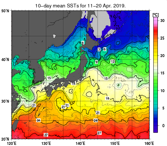 日本近海の旬平均海面水温分布図（2019年4月中旬）