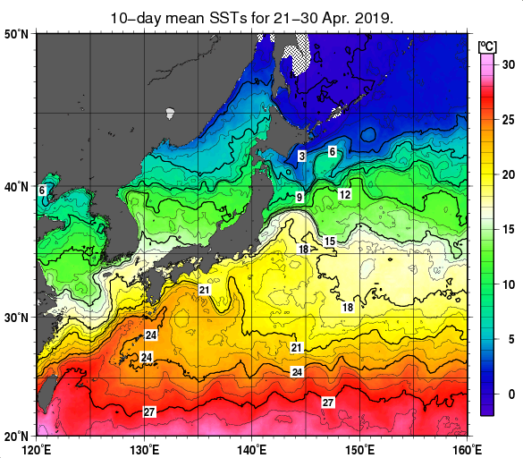 日本近海の旬平均海面水温分布図（2019年4月下旬）