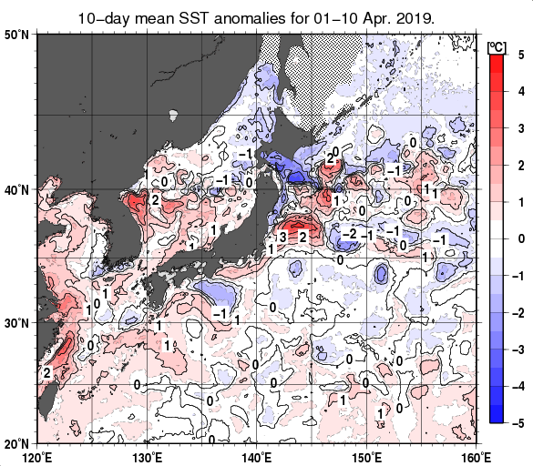 日本近海の旬平均海面水温平年差分布図（2019年4月上旬）
