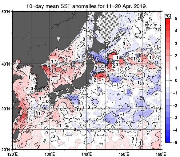 日本近海の旬平均海面水温平年差分布図（2019年4月中旬）