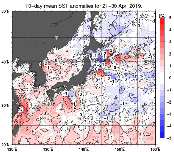 日本近海の旬平均海面水温平年差分布図（2019年4月下旬）