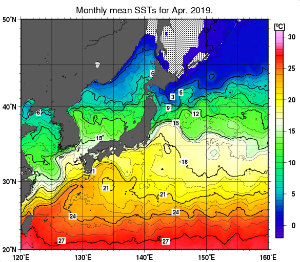 日本近海の月平均海面水温分布図（2019年4月）