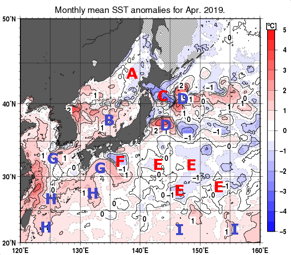 日本近海の月平均海面水温平年差分布図（2019年4月）