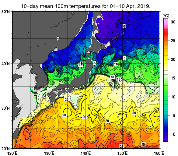 日本近海の深さ100mの旬平均水温分布図（2019年4月上旬）