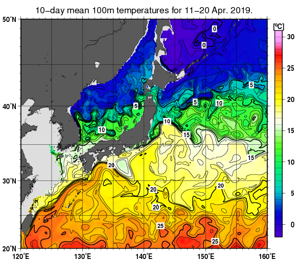 日本近海の深さ100mの旬平均水温分布図（2019年4月中旬）