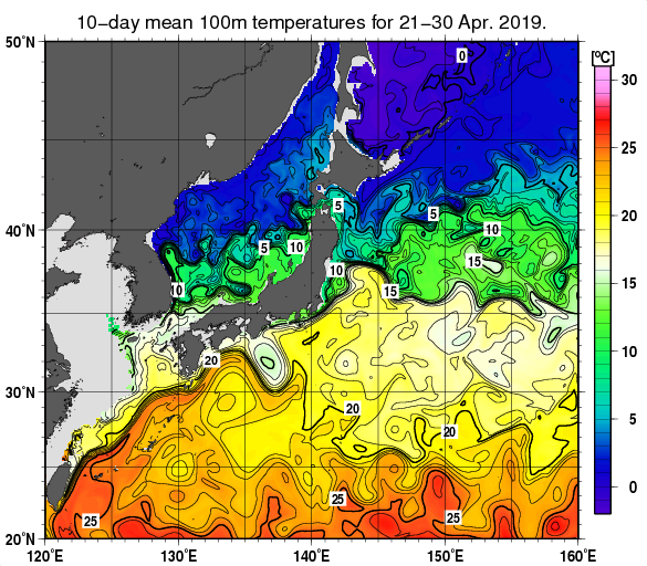 日本近海の深さ100mの旬平均水温分布図（2019年4月下旬）