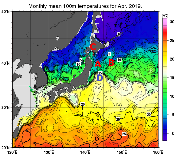 日本近海の深さ100mの月平均水温分布図（2019年4月）