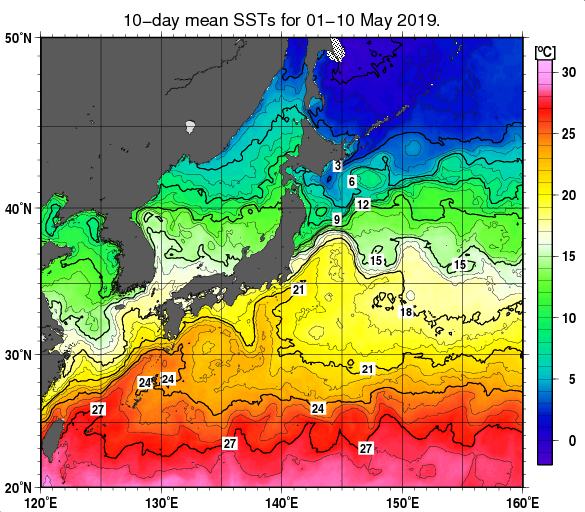 日本近海の旬平均海面水温分布図（2019年5月上旬）