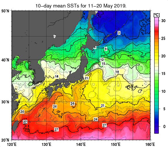 日本近海の旬平均海面水温分布図（2019年5月中旬）