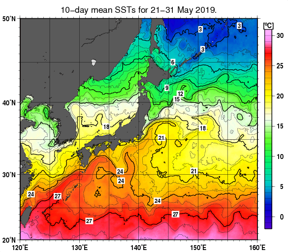日本近海の旬平均海面水温分布図（2019年5月下旬）