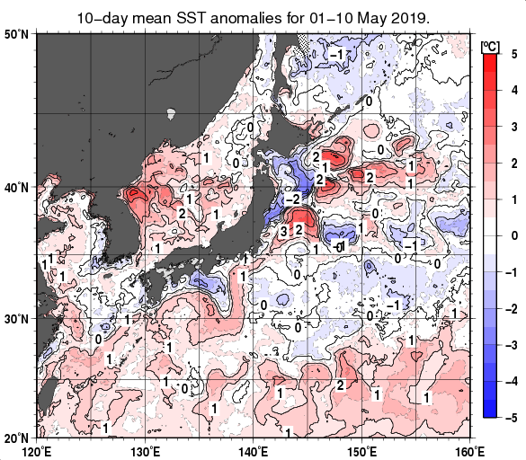 日本近海の旬平均海面水温平年差分布図（2019年5月上旬）