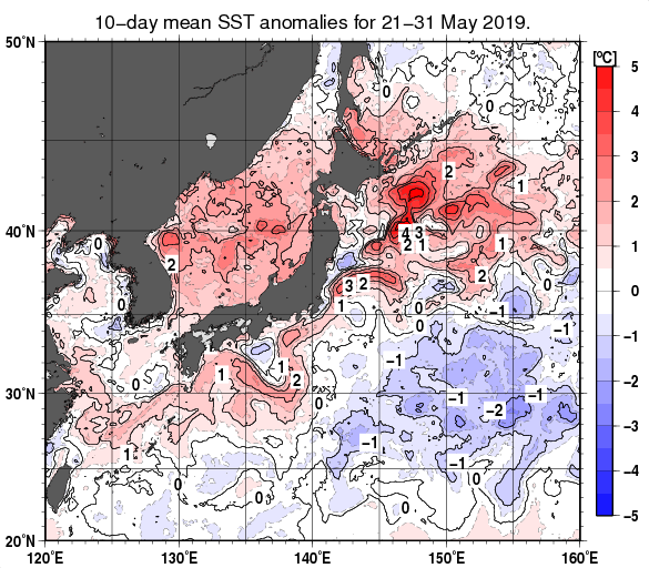 日本近海の旬平均海面水温平年差分布図（2019年5月下旬）