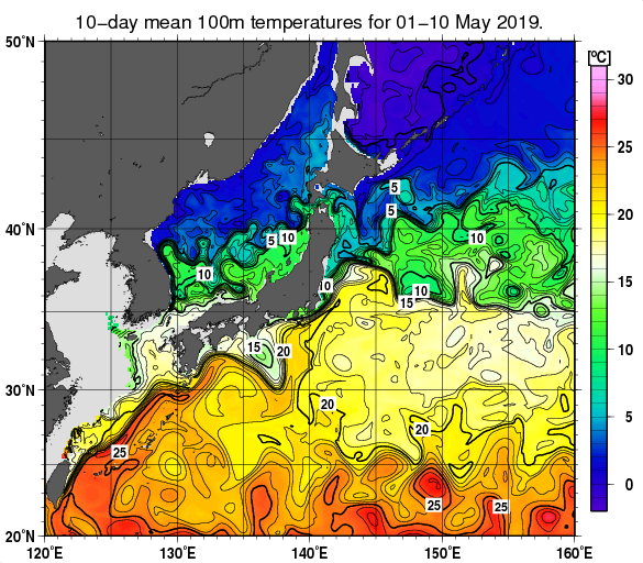 日本近海の深さ100mの旬平均水温分布図（2019年5月上旬）
