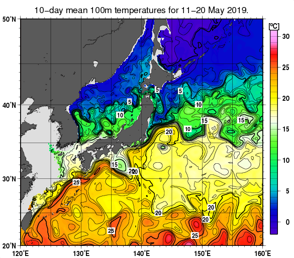 日本近海の深さ100mの旬平均水温分布図（2019年5月中旬）