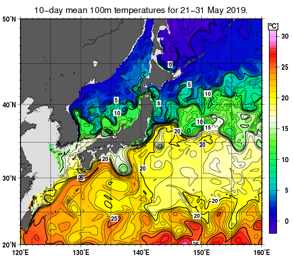 日本近海の深さ100mの旬平均水温分布図（2019年5月下旬）