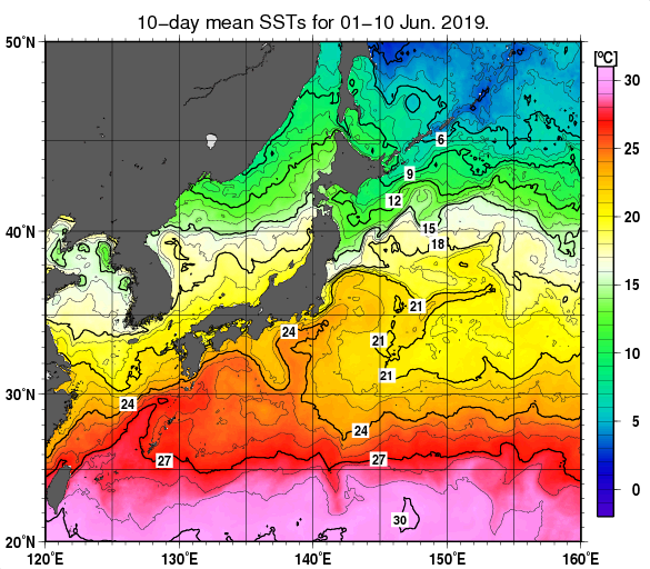 日本近海の旬平均海面水温分布図（2019年6月上旬）