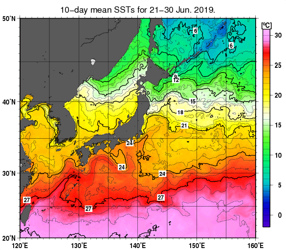 日本近海の旬平均海面水温分布図（2019年6月下旬）