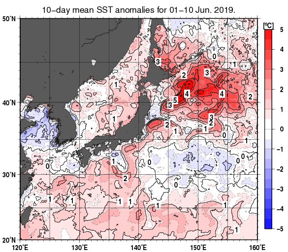 日本近海の旬平均海面水温平年差分布図（2019年6月上旬）