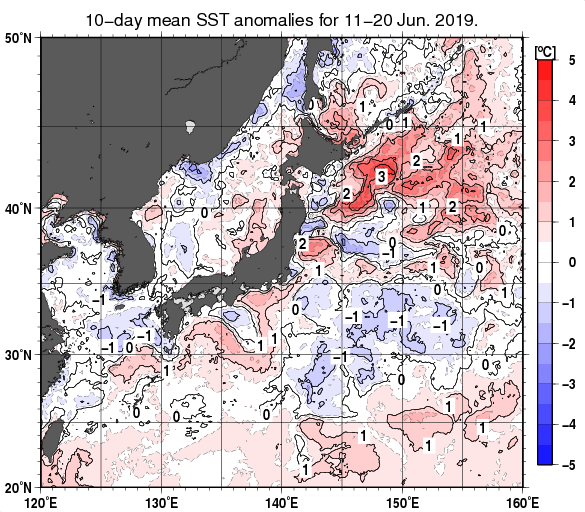 日本近海の旬平均海面水温平年差分布図（2019年6月中旬）