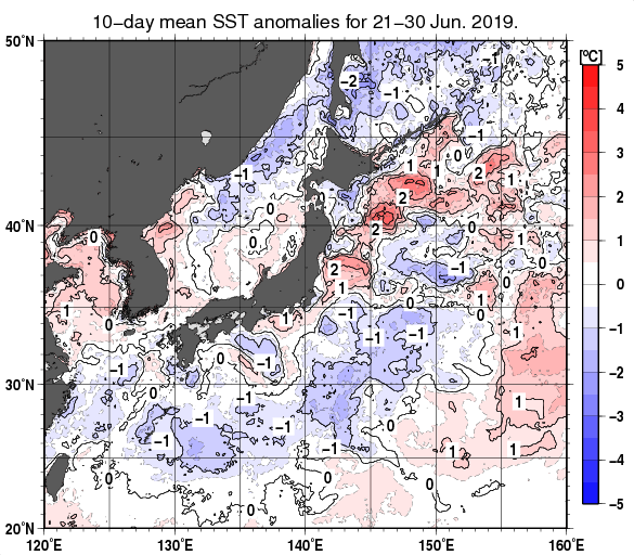 日本近海の旬平均海面水温平年差分布図（2019年6月下旬）