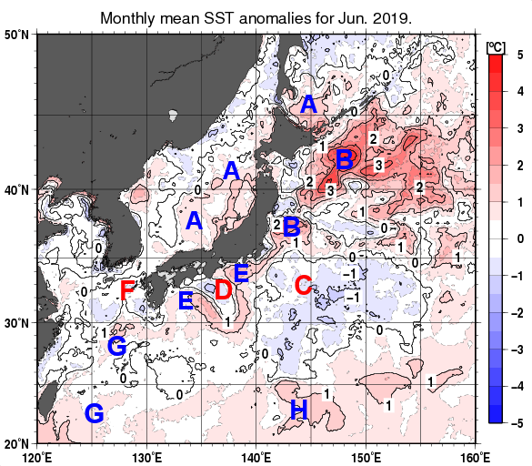 日本近海の月平均海面水温平年差分布図（2019年6月）