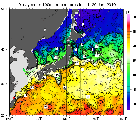 日本近海の深さ100mの旬平均水温分布図（2019年6月中旬）