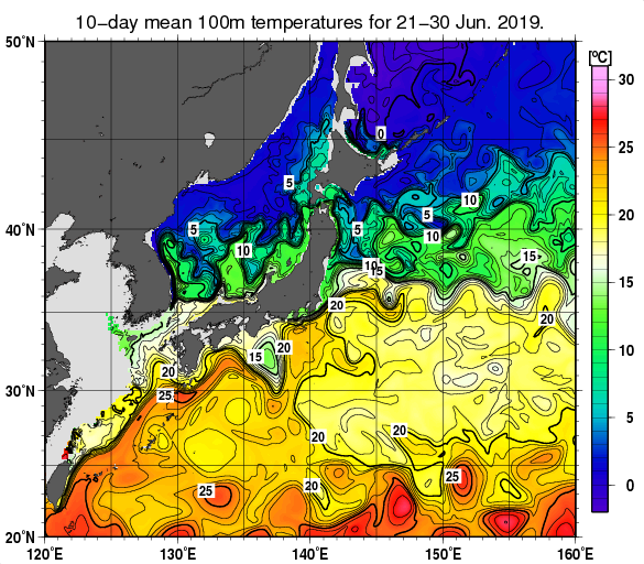 日本近海の深さ100mの旬平均水温分布図（2019年6月下旬）