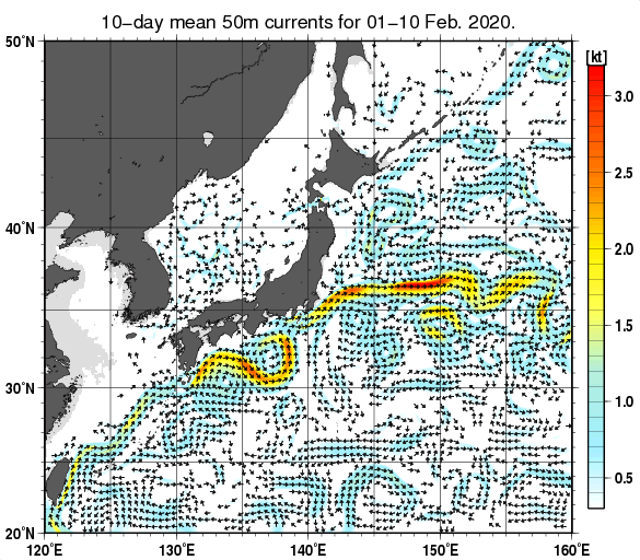 日本近海の深さ50mの旬平均海流分布図（2020年2月上旬）