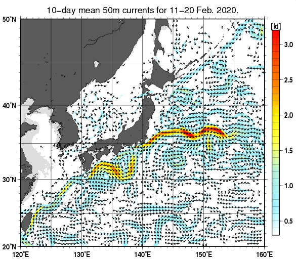 日本近海の深さ50mの旬平均海流分布図（2020年2月中旬）
