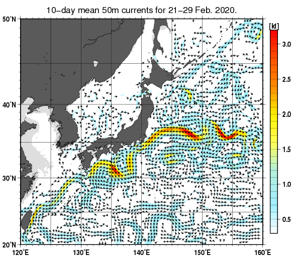 日本近海の深さ50mの旬平均海流分布図（2020年2月下旬）