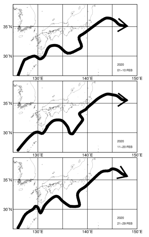 旬別黒潮流軸図（上段：2020年2月上旬、中段：2月中旬、下段：2月下旬）