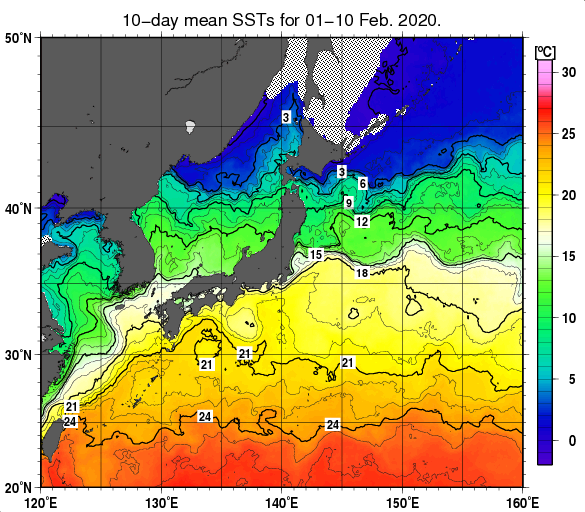 日本近海の旬平均海面水温分布図（2020年2月上旬）