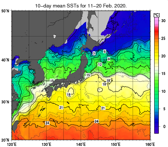 日本近海の旬平均海面水温分布図（2020年2月中旬）