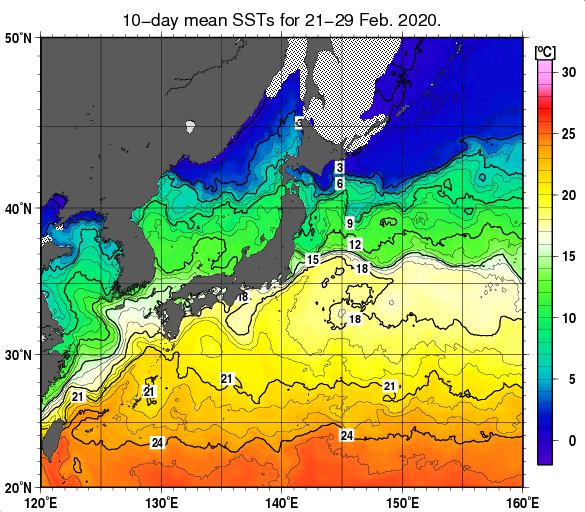 日本近海の旬平均海面水温分布図（2020年2月下旬）