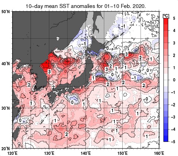 日本近海の旬平均海面水温平年差分布図（2020年2月上旬）