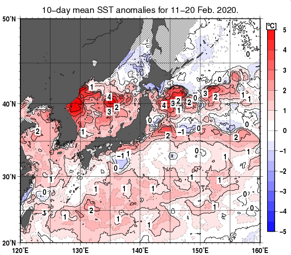 日本近海の旬平均海面水温平年差分布図（2020年2月中旬）