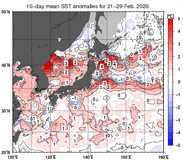 日本近海の旬平均海面水温平年差分布図（2020年2月下旬）