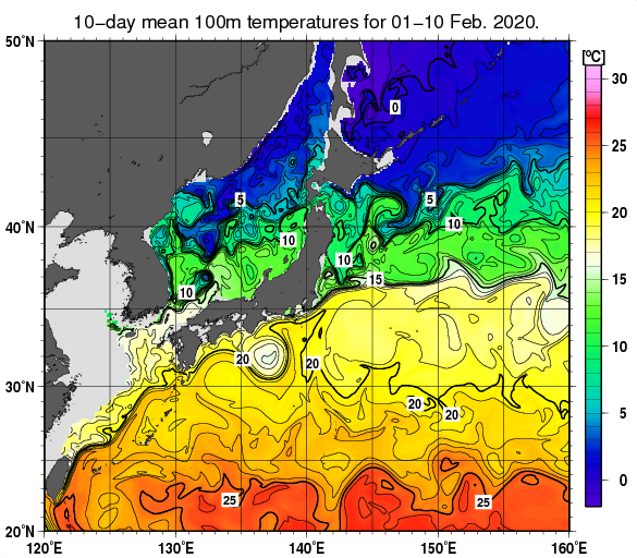 日本近海の深さ100mの旬平均水温分布図（2020年2月上旬）