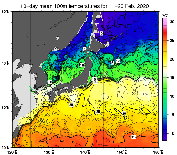日本近海の深さ100mの旬平均水温分布図（2020年2月中旬）