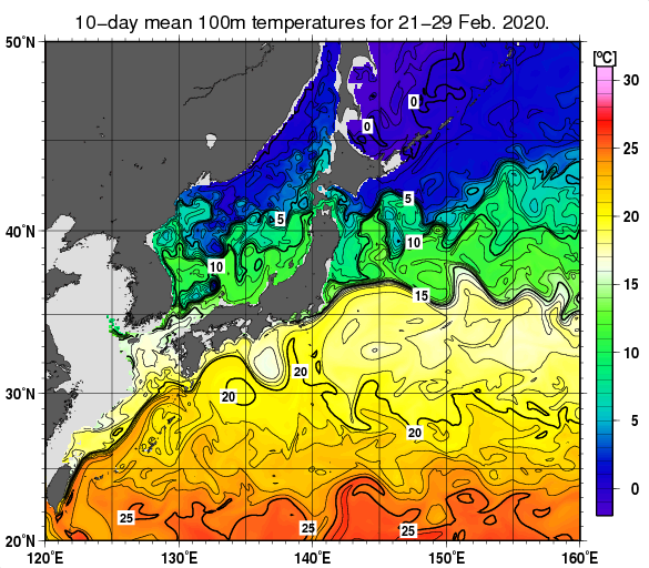 日本近海の深さ100mの旬平均水温分布図（2020年2月下旬）