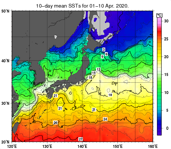 日本近海の旬平均海面水温分布図（2020年4月上旬）