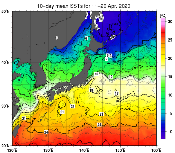 日本近海の旬平均海面水温分布図（2020年4月中旬）