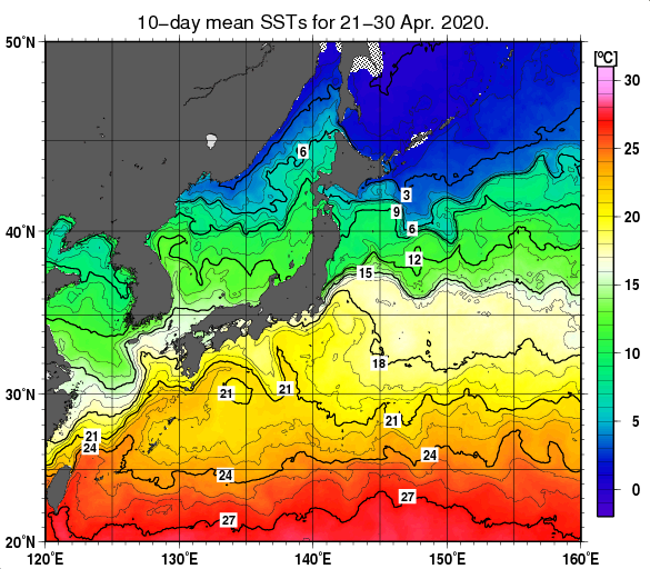日本近海の旬平均海面水温分布図（2020年4月下旬）