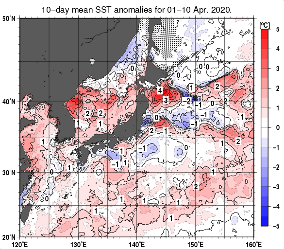 日本近海の旬平均海面水温平年差分布図（2020年4月上旬）