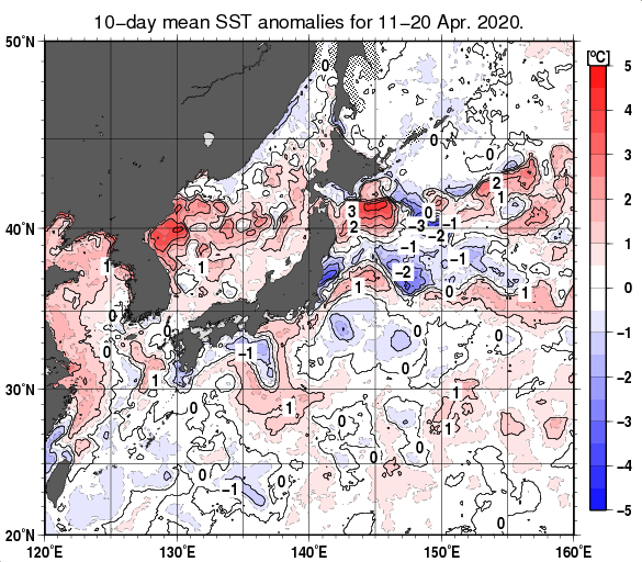 日本近海の旬平均海面水温平年差分布図（2020年4月中旬）