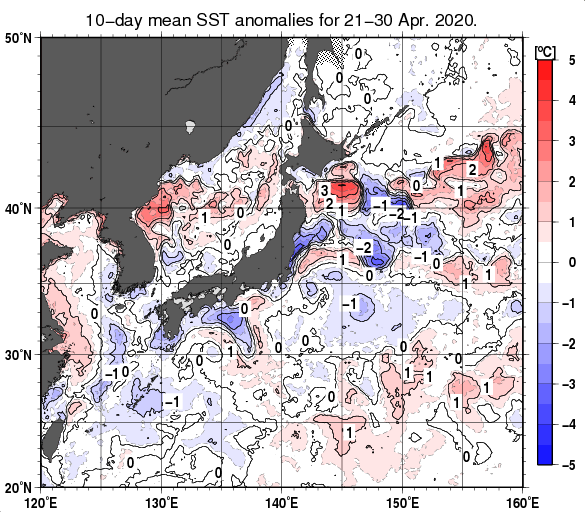 日本近海の旬平均海面水温平年差分布図（2020年4月下旬）